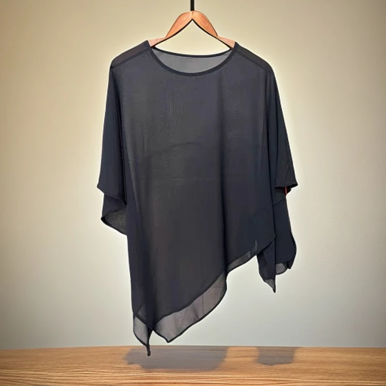 3002轻盈飘逸黑色朦胧神秘不对称防晒纱T恤百搭宽松不规则披肩