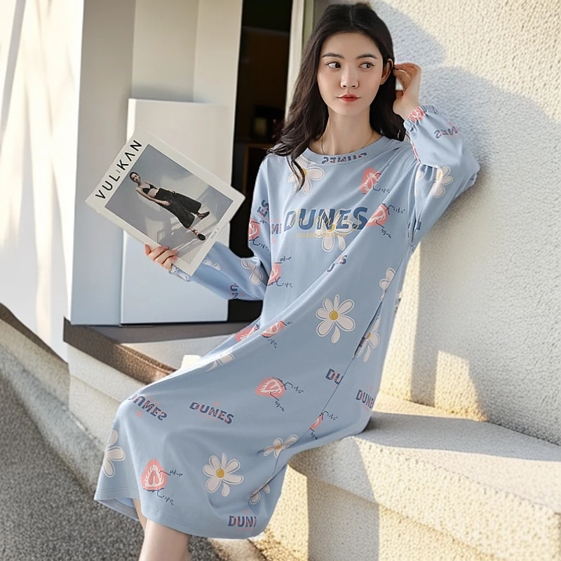 秋季长袖睡裙秋冬女新品纯棉休闲甜美爽滑少女系家居裙女棉绸睡衣