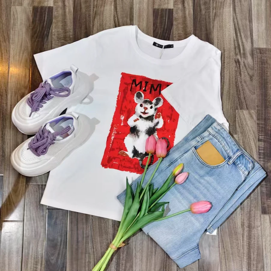 2025新款夏季动物印花短袖圆领宽松纯棉正肩女装半袖上衣