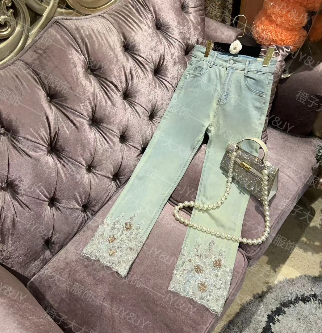 JY&JY橙子大大【水中倒影】重工手工缝钻烟管牛仔裤 16220