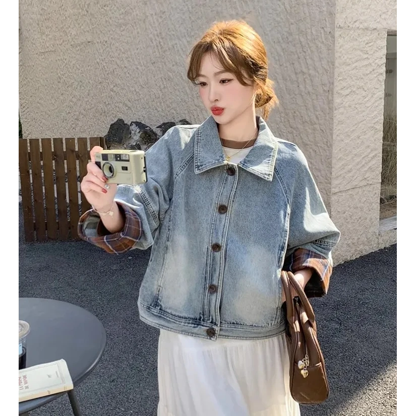 春秋2025常规格子拼接洗水短款外套韩版洋气春秋牛仔衣潮流复古女