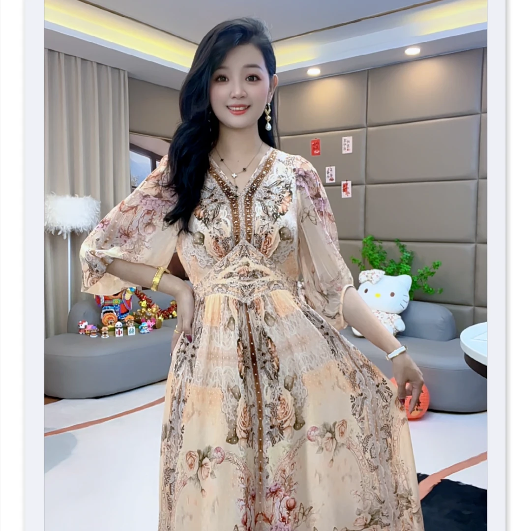 《暖暖推荐》夏日花嫁 气质时尚修身印花桑蚕丝连衣裙 80042