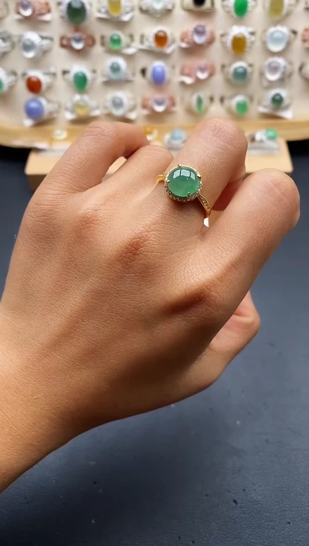 银S925镶嵌戒指翡翠缅甸天然A货翡翠1 7-7