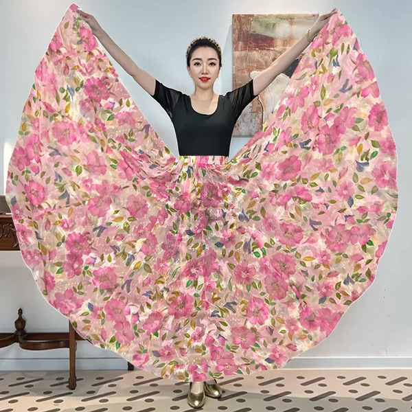 A《织音未茗》精梳捻丝混纺满铺花百搭全松紧腰大摆半身裙带衬裙