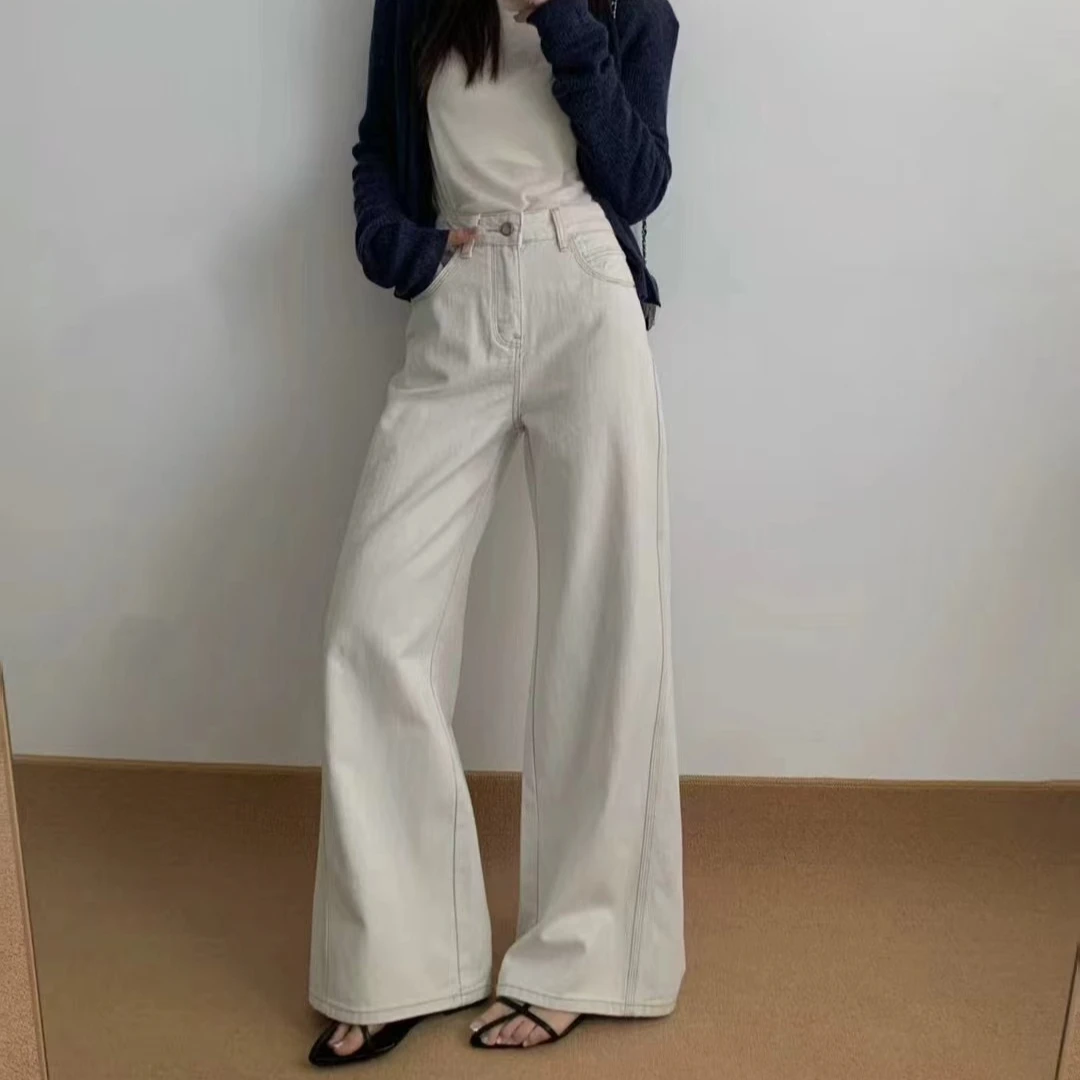 清六悦 86016-2月光杏双侧骨线阔腿裤长腿神器百搭高腰显瘦牛仔裤