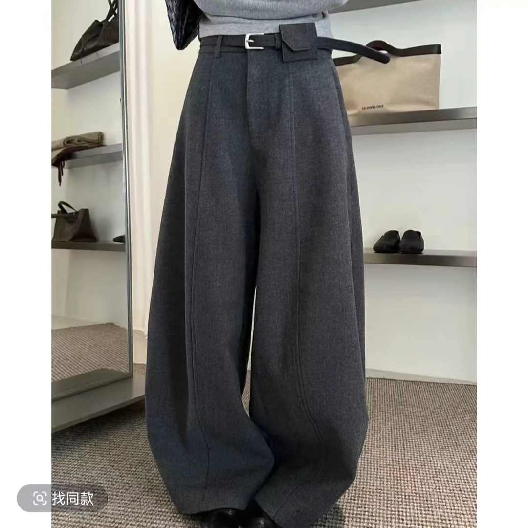 (带腰带)加绒毛呢西装裤女2025冬高腰显瘦阔腿直筒裤弯刀裤