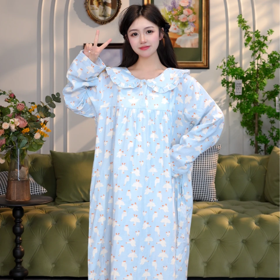 夏季大码纯棉双层棉纱睡裙女士可外出穿孕妈妈200斤家居长连衣裙
