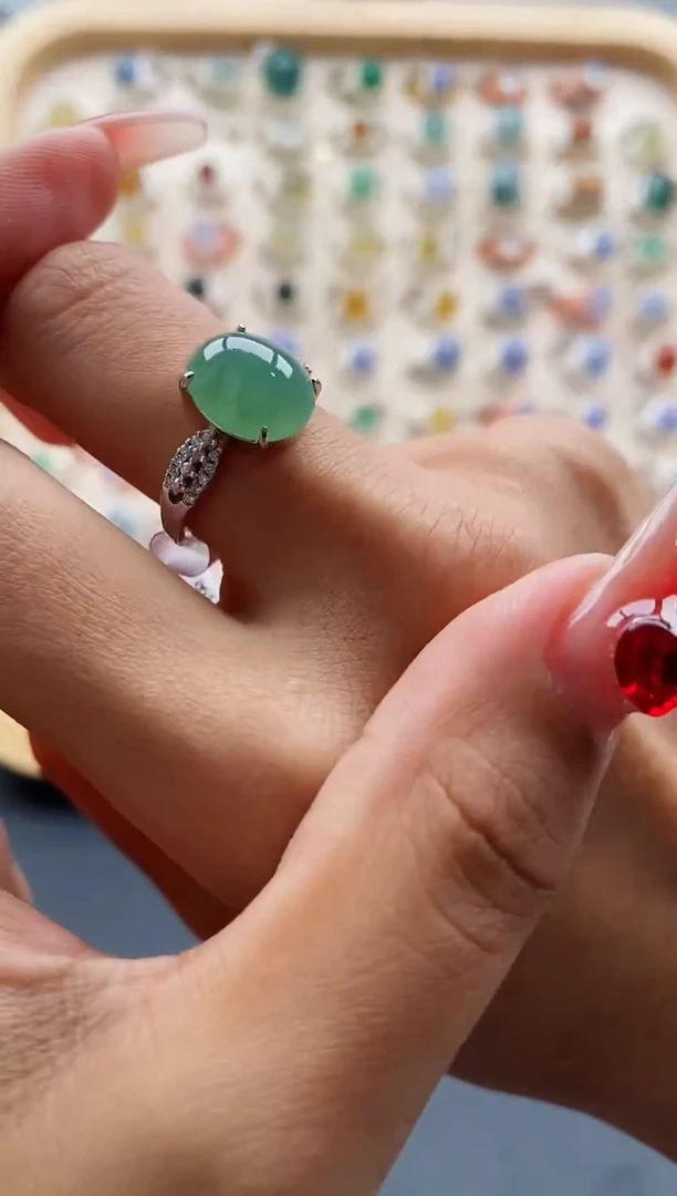 【闪购商品】翡翠戒指银S925镶嵌缅甸天然A货翡翠111 8-10