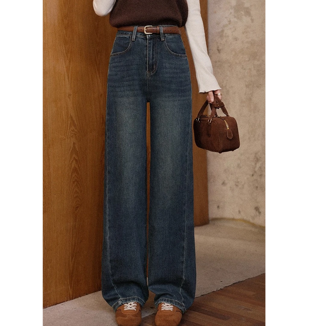 【清清】蓝色直筒休闲通勤牛仔裤秋季新款宽松阔腿裤女