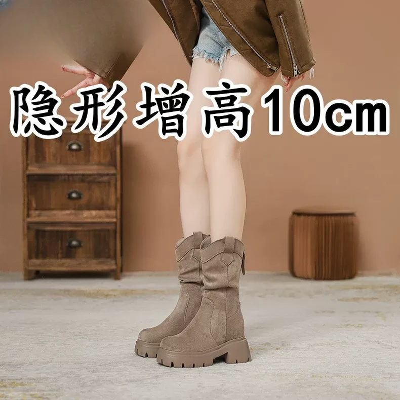 牛皮版内增高10cm废土风复古短靴女小个子褶皱堆堆靴西部牛仔靴子