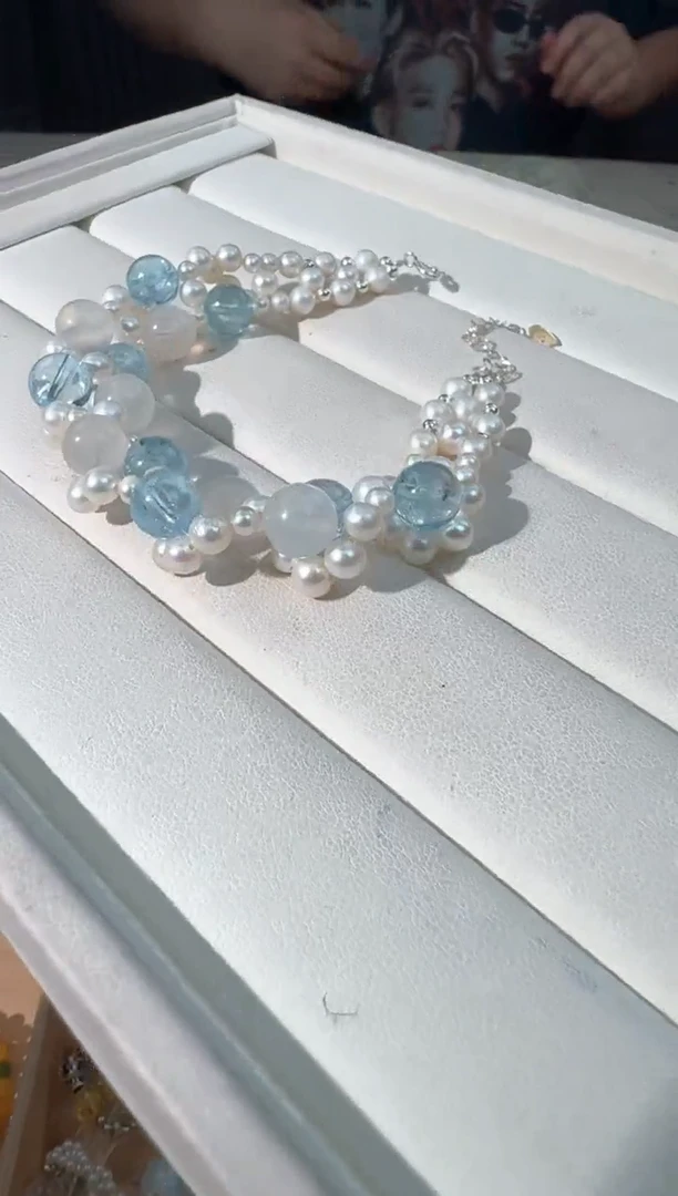 淡水珍珠手串银S925镶嵌珍珠托帕蓝月编织款发货多样性发其一