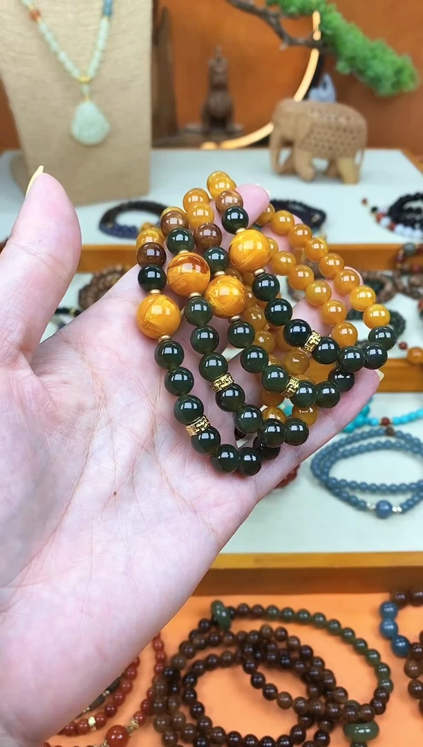 未镶嵌蜜蜡手链单圈蜜蜡和田菠菜绿手串