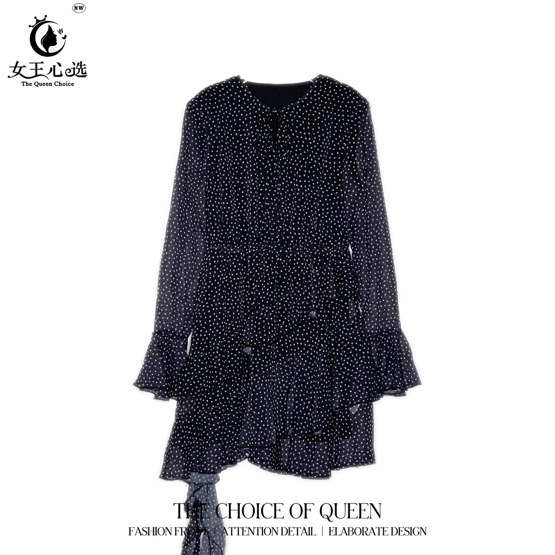 【笑姐定制】Z2223 小众新款喇叭荷叶边拼接小波点百搭连衣裙