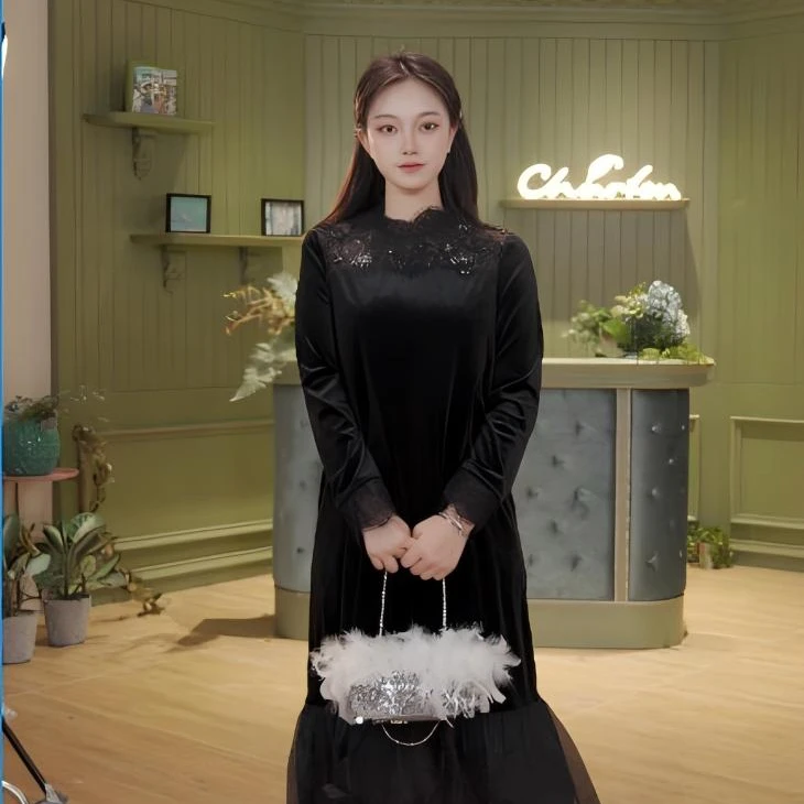 CHARFEN朝峰秋冬季圆领法式拼接复古修身连衣裙CFF3B015-0070G