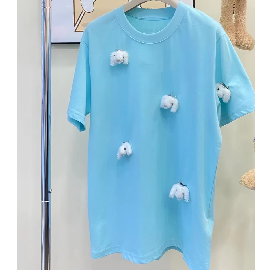 2025年夏季新款时尚百搭圆领宽松立体小熊玩偶短袖T恤成人款纯棉