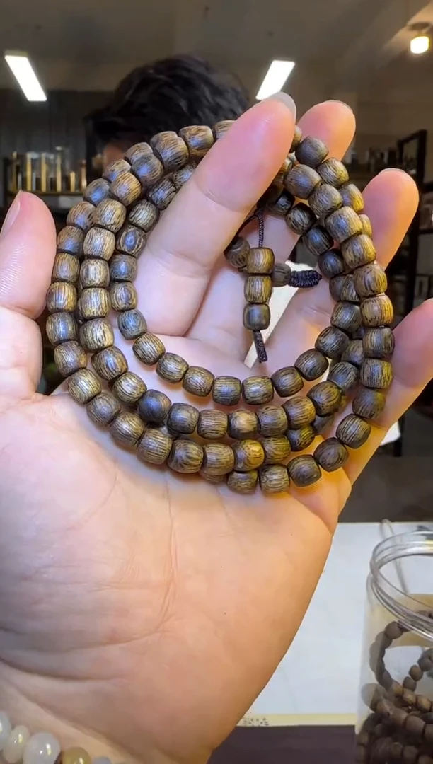 沉香手串沉水浮国香绿棋沉香张勺子手工直纹鼓珠长串6mm21g+