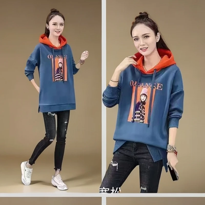 【素境】9515#衣长63撞色印花连帽卫衣女2024年冬新款宽松显瘦外套