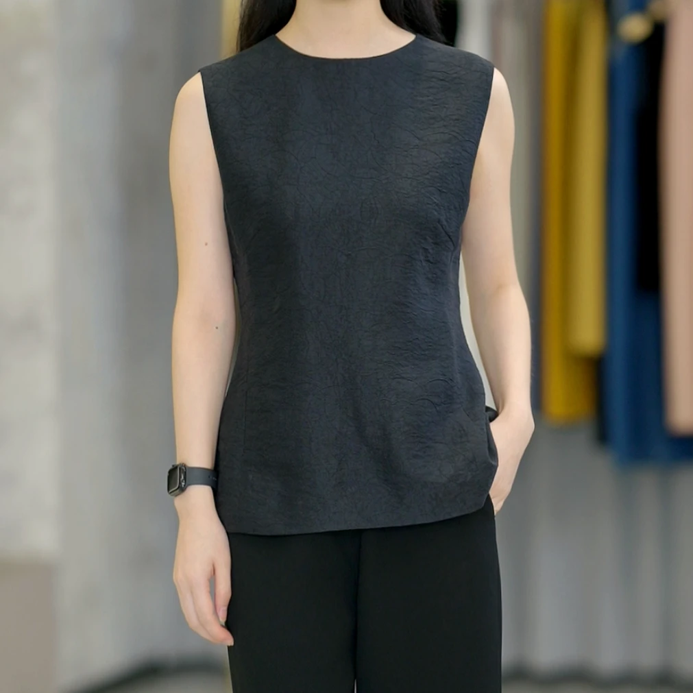 夏季天丝桑蚕丝凉感简约圆领无袖老钱风显瘦百搭提花背心女K0075