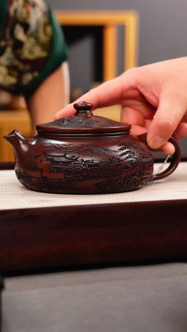 茶壶紫砂铁皮石红 大寒江 刻绘