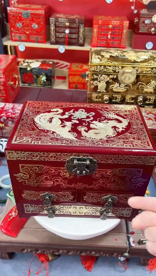 【闪购商品】28厘米新款四层三抽掐丝螺钿酒红龙凤呈祥