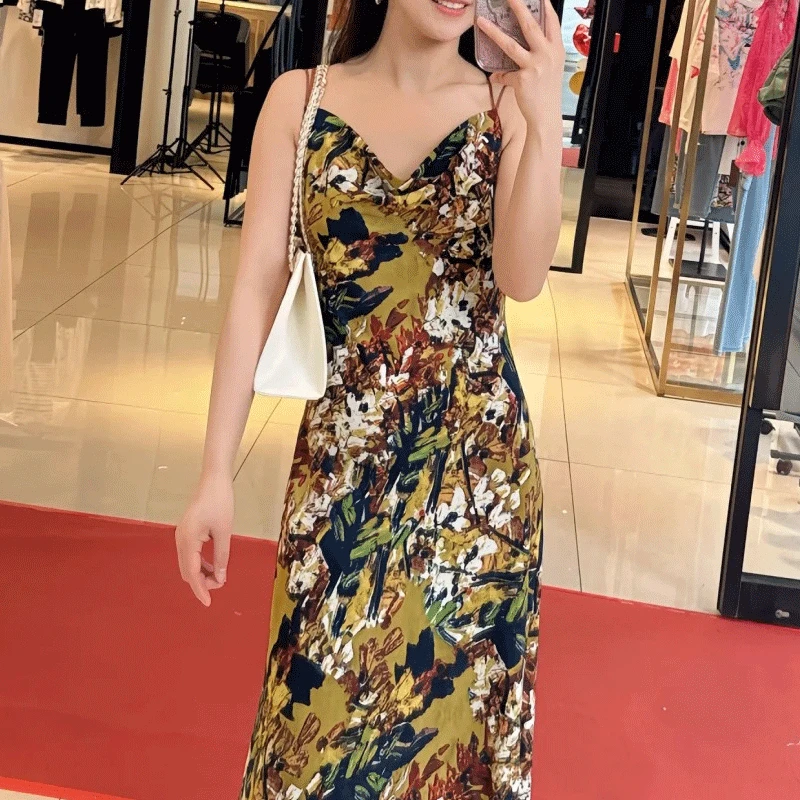哥弟阿玛施正2025夏装新款时尚荡领法式修身吊带连衣裙印花长裙