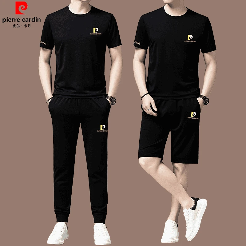 皮尔卡丹正品桑蚕丝男士短袖休闲运动套装新款冰丝潮流中青年男装