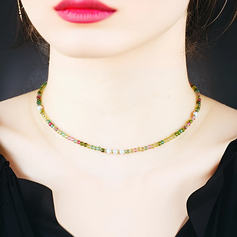 合金仿水晶项链 水晶项链轻奢高级感小众项链彩色锁骨链颈链森系