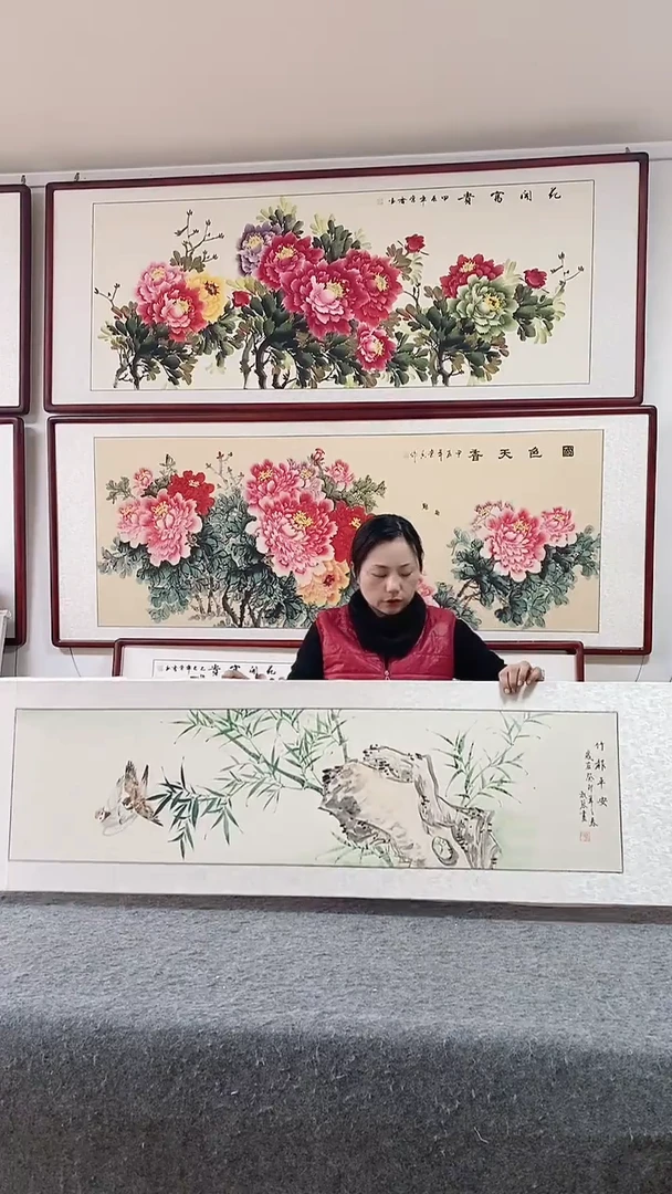 国画实木框纯手绘国画165*50画带框挂画