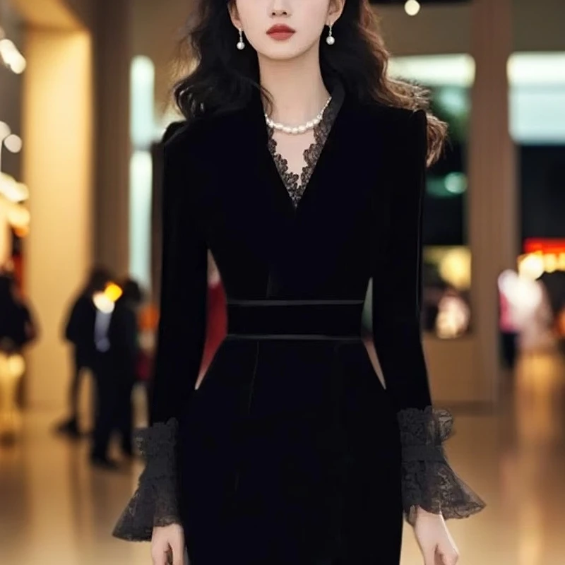 冬季上流社会绝美礼服气质女神范轻奢超好看黑色丝绒连衣裙