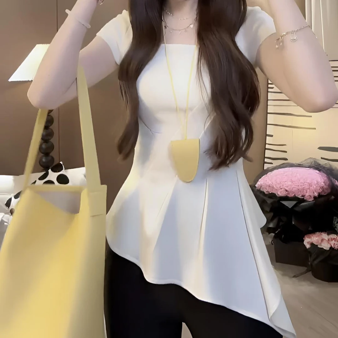 2025夏季新款小众设计感气质网红短袖女不规则洋气收腰时尚髦上衣