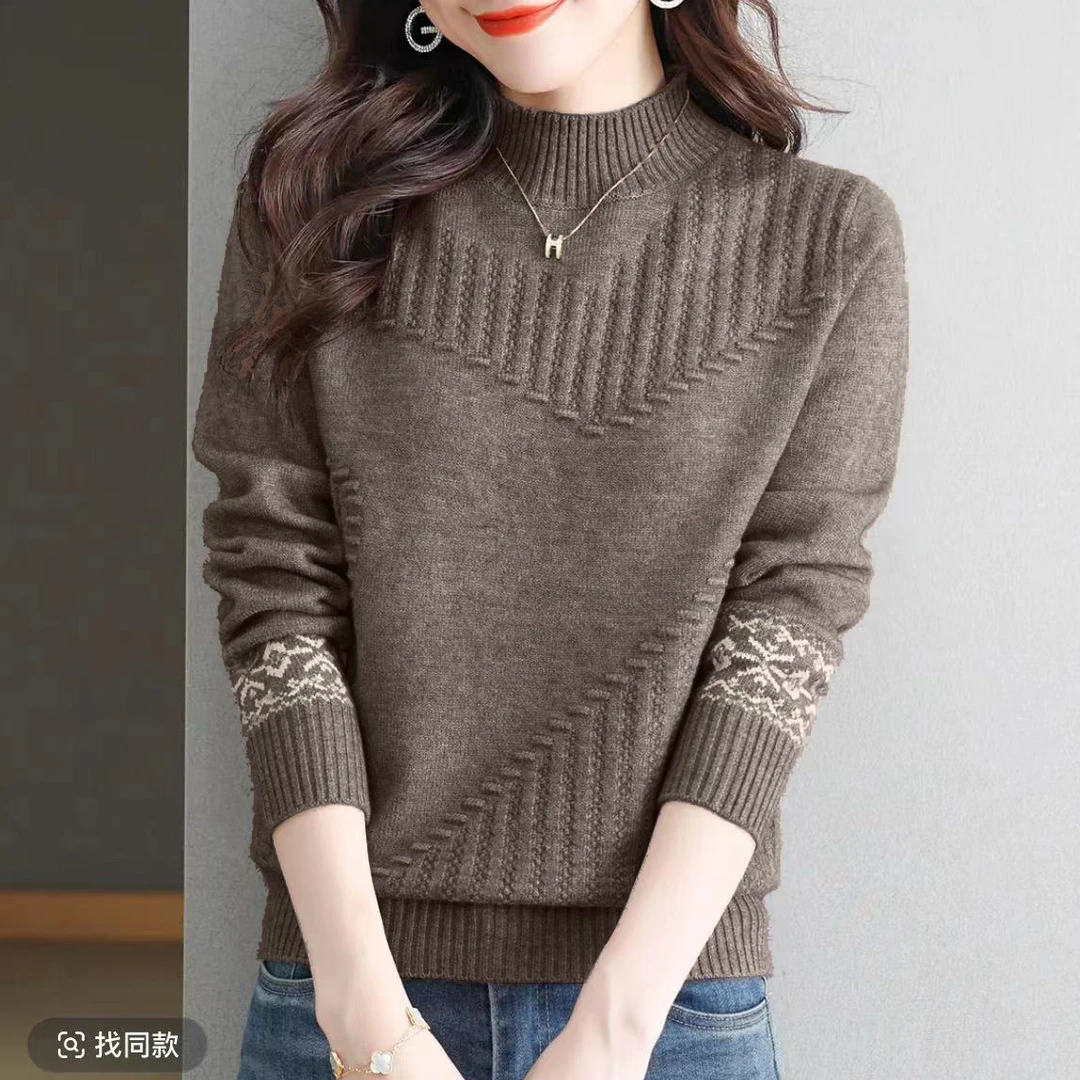 【美拉德】006新款半高领纯色提花针织套头毛衣