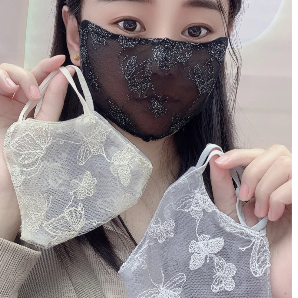 新款刺绣蝴蝶防晒口罩春夏淑女面纱透气立体显脸小护脸网红可水洗