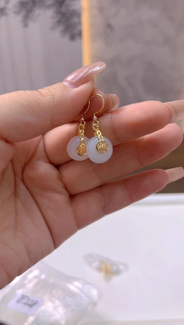 14K金镶嵌和田玉（白玉）耳饰E228