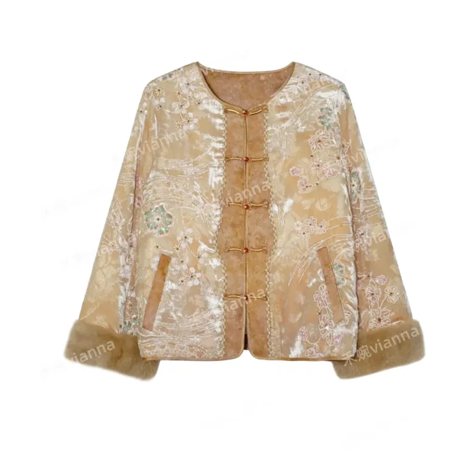 【珠绣鎏金】2025秋冬90白鹅绒水貂毛袖口重工刺绣新中式