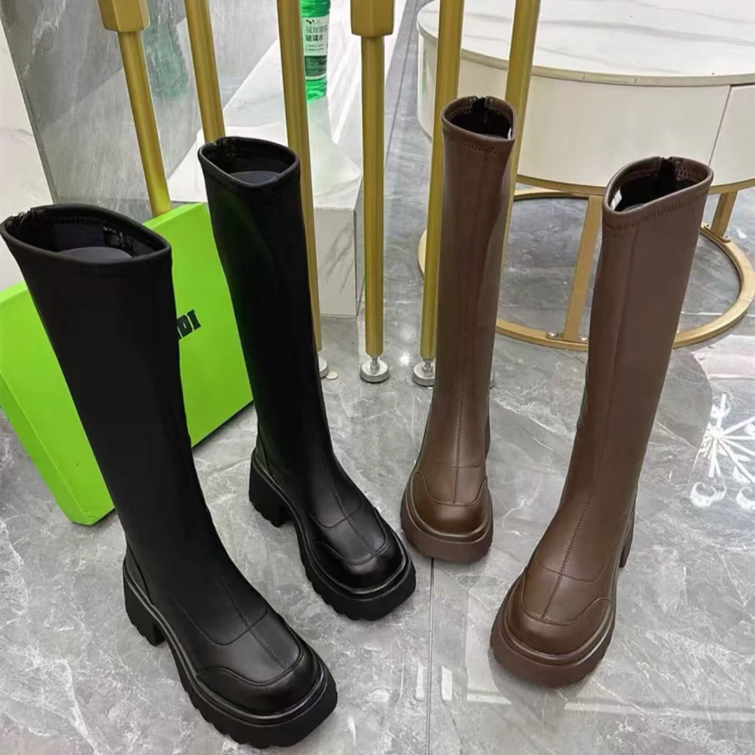 W3109甜酷辣妹显高显瘦长筒靴粗跟加绒真皮高筒骑士靴女薄绒