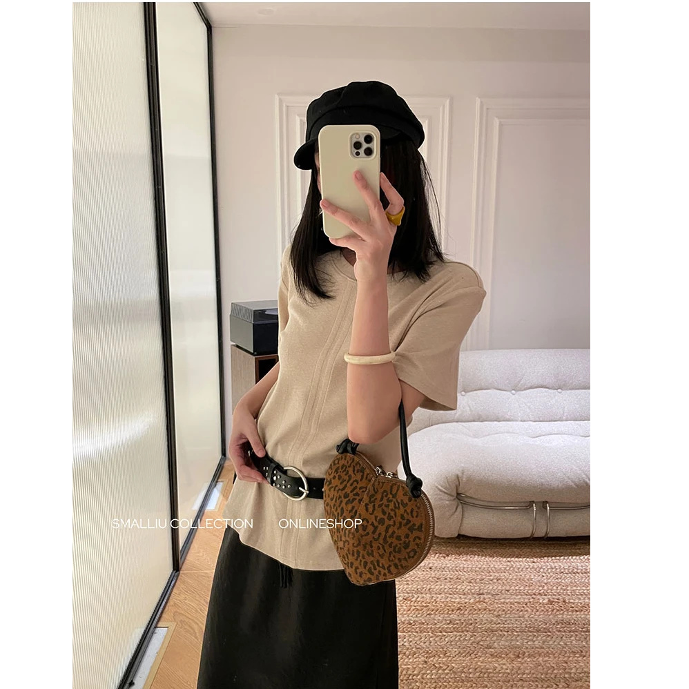 SMALLIU 日系肌理低饱和浅杏色正肩T恤