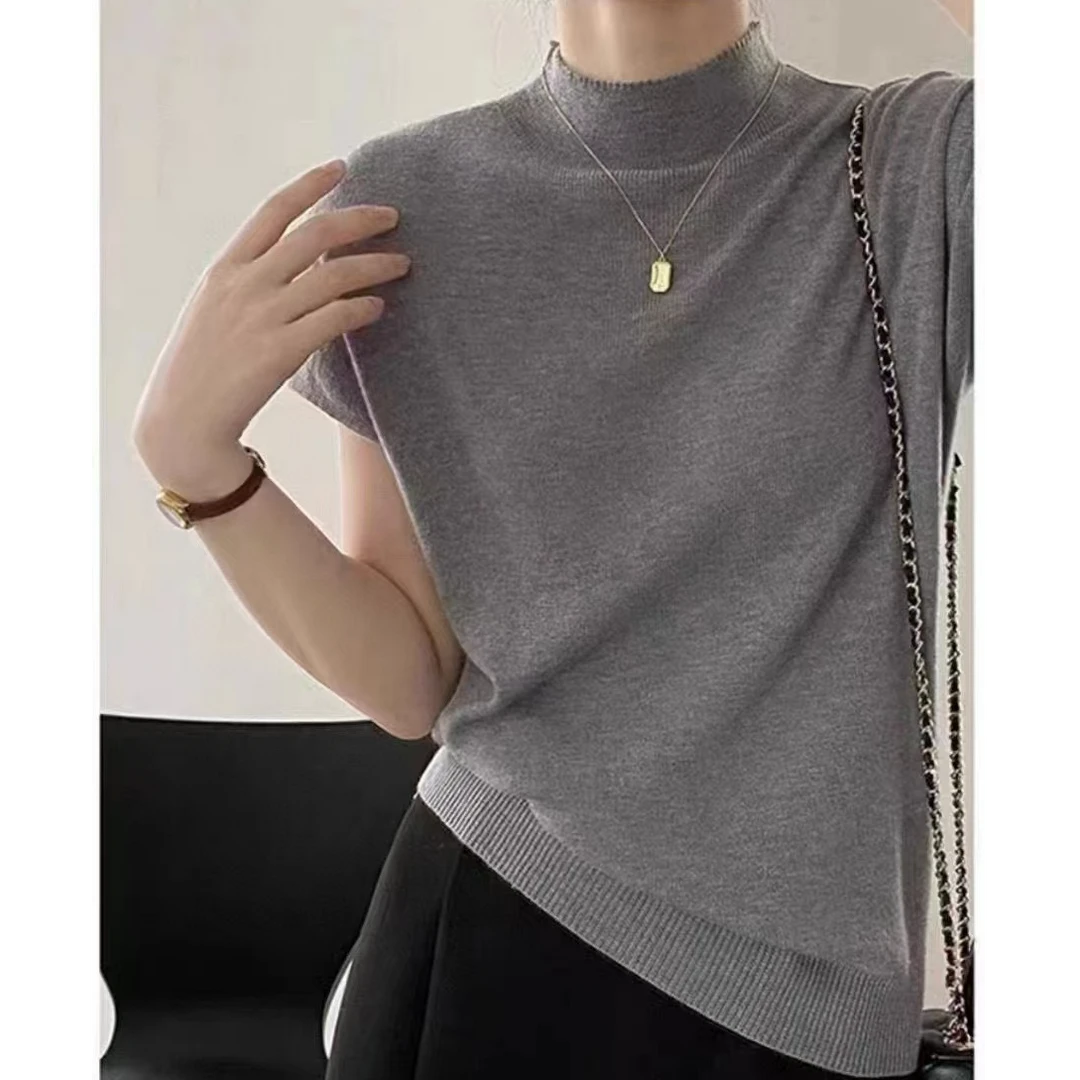 2025半高领短袖针织衫女夏季设计感别致圆领套头宽松正肩T恤上衣