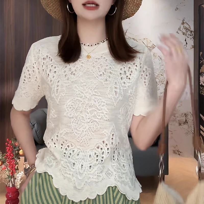 时尚设计感钩花镂空针织衫短袖女士2026新款夏季洋气百搭圆领上衣