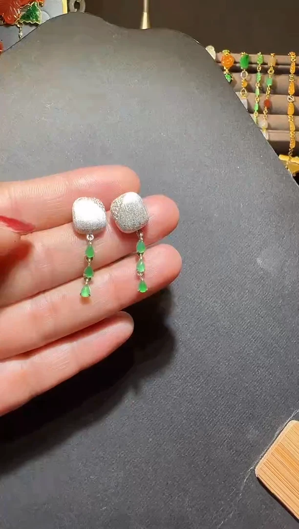 银S925镶嵌翡翠耳饰翡翠方糖流苏耳钉