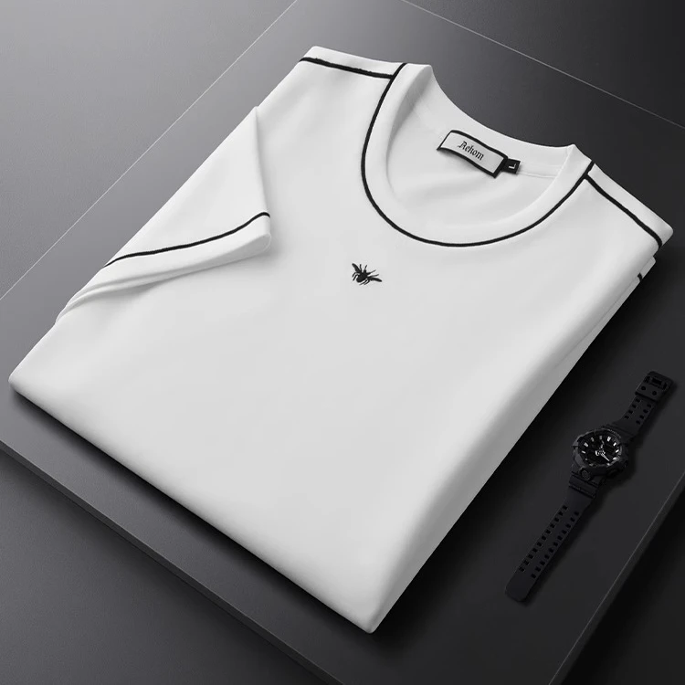 荷波撒纳温轻奢描边条纹休闲短袖男夏季薄款棉质时尚弹力休闲T恤