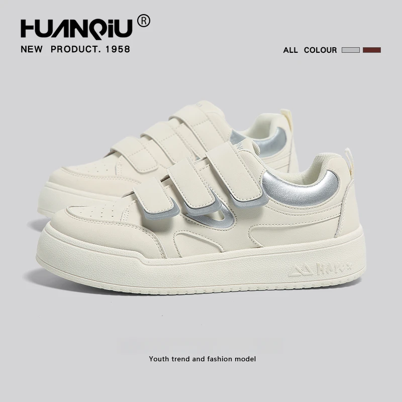 环球银色厚底板鞋女款春季2025新款百搭增高时尚休闲魔术贴小白鞋