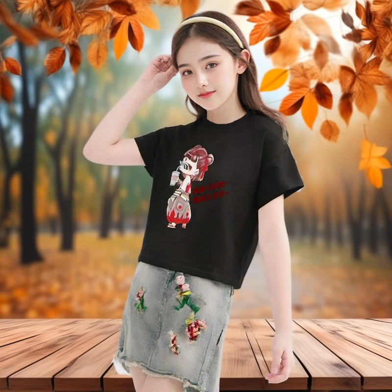 2025女童纯棉T恤夏季新款卡通哪吒款印花宽松百搭网红款洋气上衣