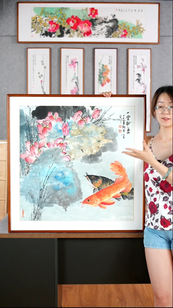 国画阿里丁《一堂和气》手绘含框82*82厘米