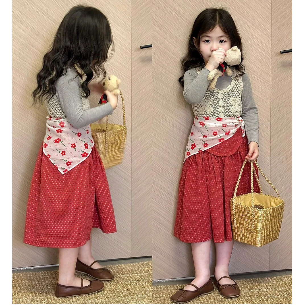 《小思家》2025年春季新品女童蕾丝马甲波点半身裙森系复古裙子套装