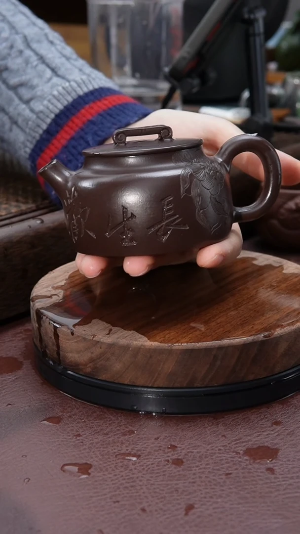 【闪购商品】紫砂茶壶紫泥欢喜刻绘汉瓦紫砂壶