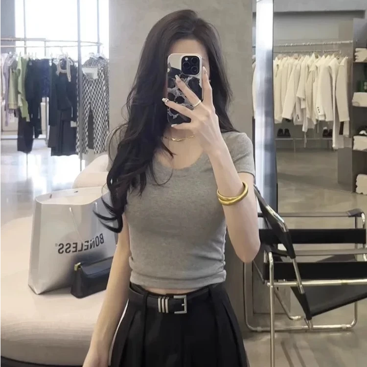 修身显瘦灰色正肩短袖t恤女夏季短款上衣ins潮美式百搭紧身打底衫