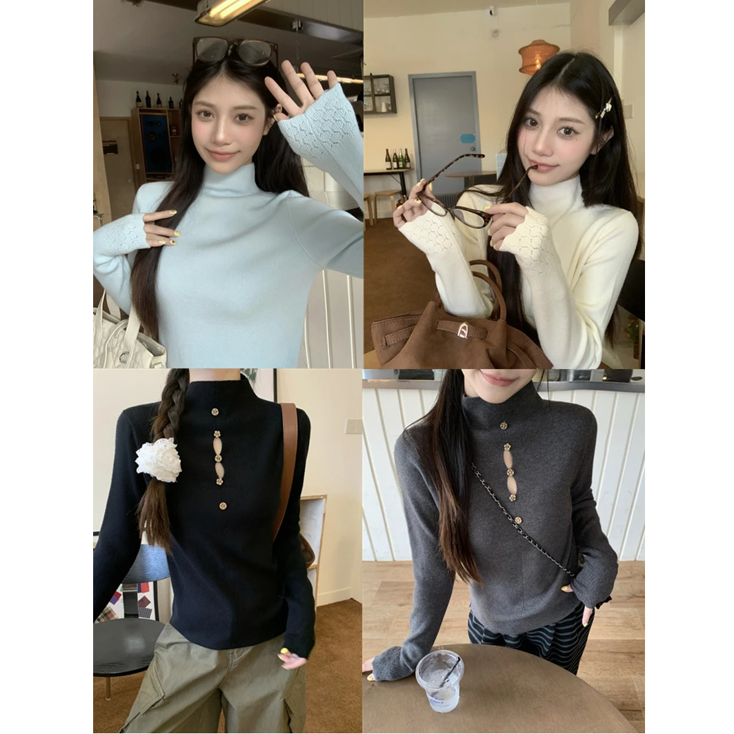 秋冬新款前后两穿纽扣设计半高领打底针织衫长袖上衣女