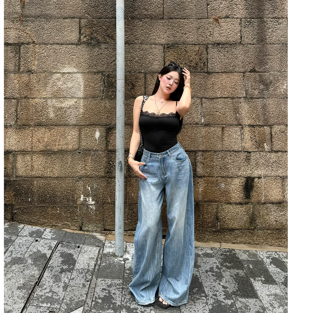 黑泽玄七「AW大王裤」秋冬系列牛仔阔腿烫钻重洗水冰裂纹牛仔裤子女