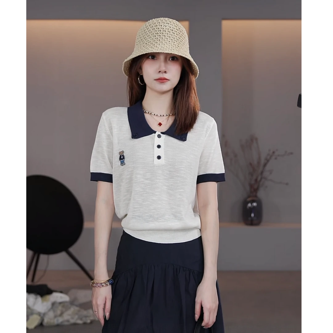 【LIbaibai】夏季新款显瘦polo领薄款天丝短袖针织上衣BB-2339
