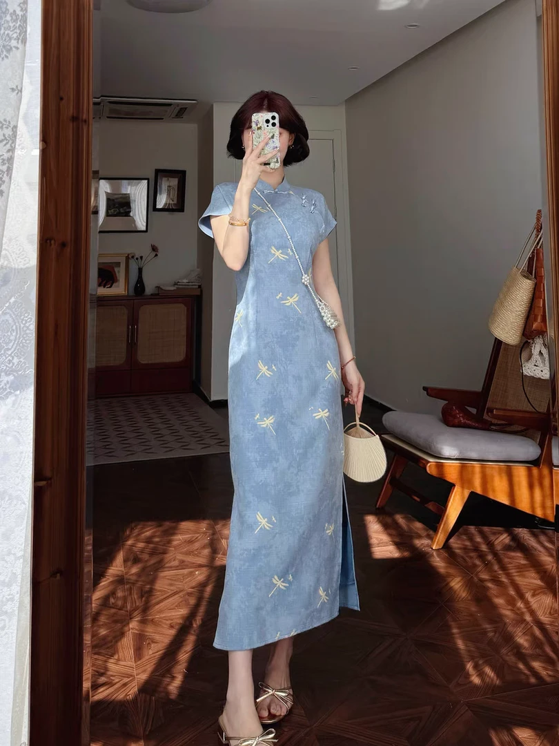 静山蜓夏季新中式改良小蜻蜓印花别致连肩袖旗袍